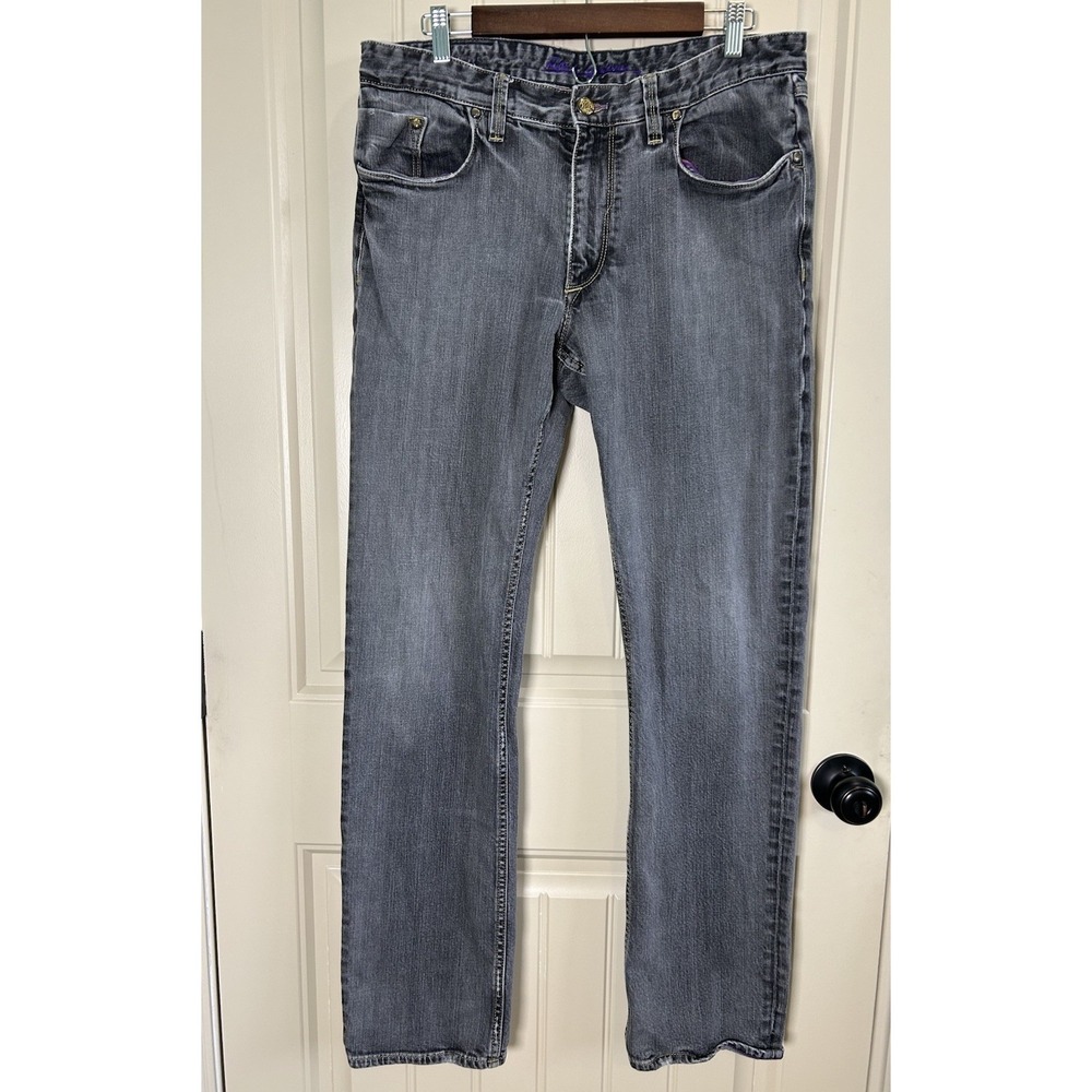 Robert Graham Mens Classic Yates 34 Gray Wash Purple Accents Designer Denim